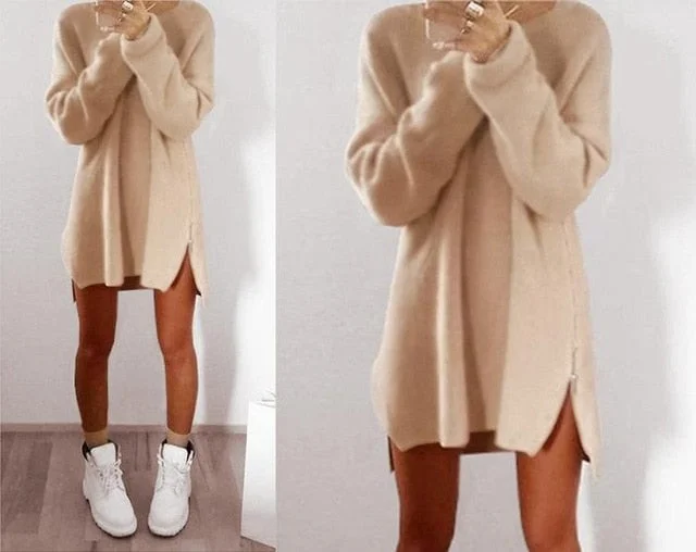 Autumn Winter Solid Knitted Cotton Sweater Dresses Women Fashion Loose O-neck Pullover Female Knitted Dress Vestidos