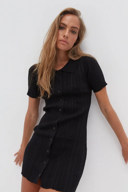 Collared Short Sleeve Shirt Dress - Black