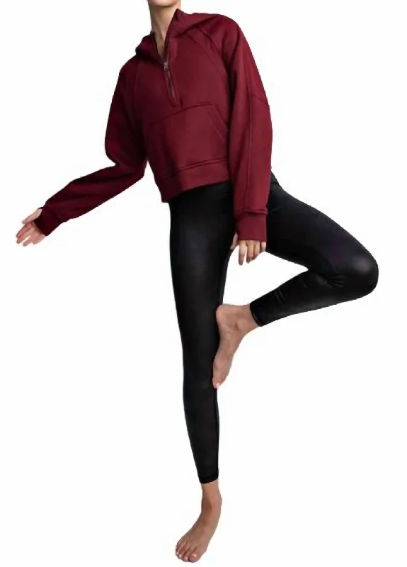 French Terry Cropped Quarter Zip Hoodie In Burgundy