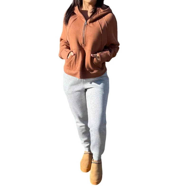 French Terry Cropped Quarter Zip Hoodie In Camel