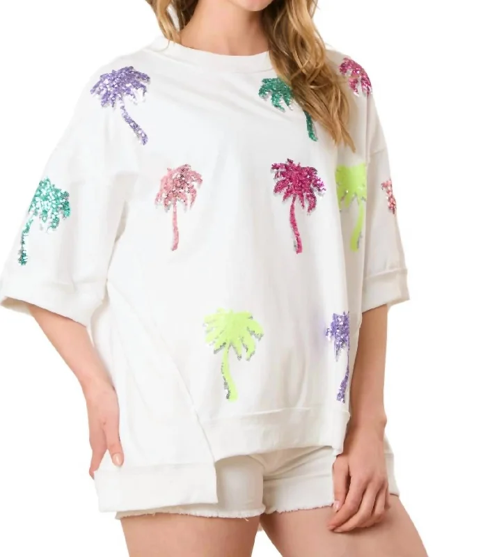 Palm Tree Sequin Top In White Multi