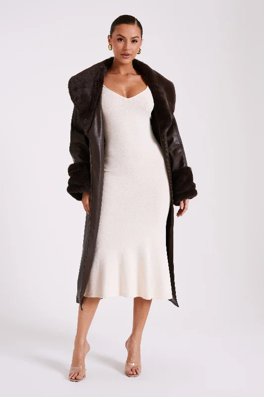 Rebekah Oversized Pu Trench Coat With Fur Trim - Dark Brown