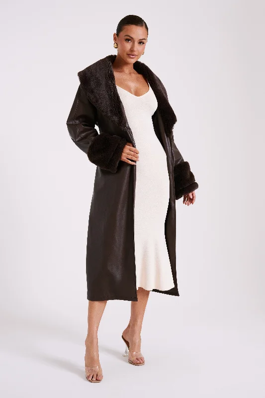 Rebekah Oversized Pu Trench Coat With Fur Trim - Dark Brown