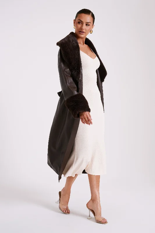 Rebekah Oversized Pu Trench Coat With Fur Trim - Dark Brown