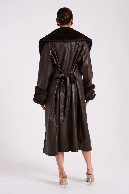 Rebekah Oversized Pu Trench Coat With Fur Trim - Dark Brown