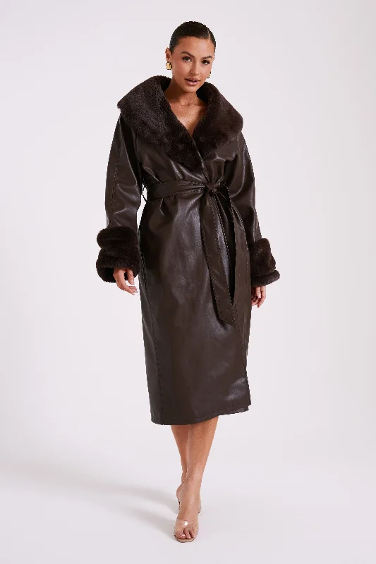 Rebekah Oversized Pu Trench Coat With Fur Trim - Dark Brown