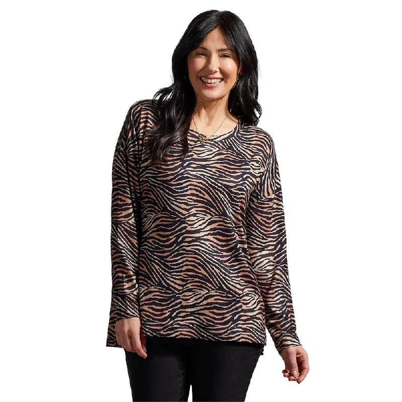 Tribal Long Sleeve Crew Neck Top With Side Slits - Natural FINAL SALE