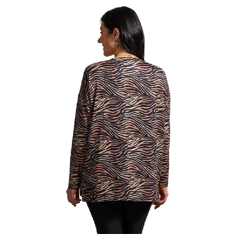 Tribal Long Sleeve Crew Neck Top With Side Slits - Natural FINAL SALE