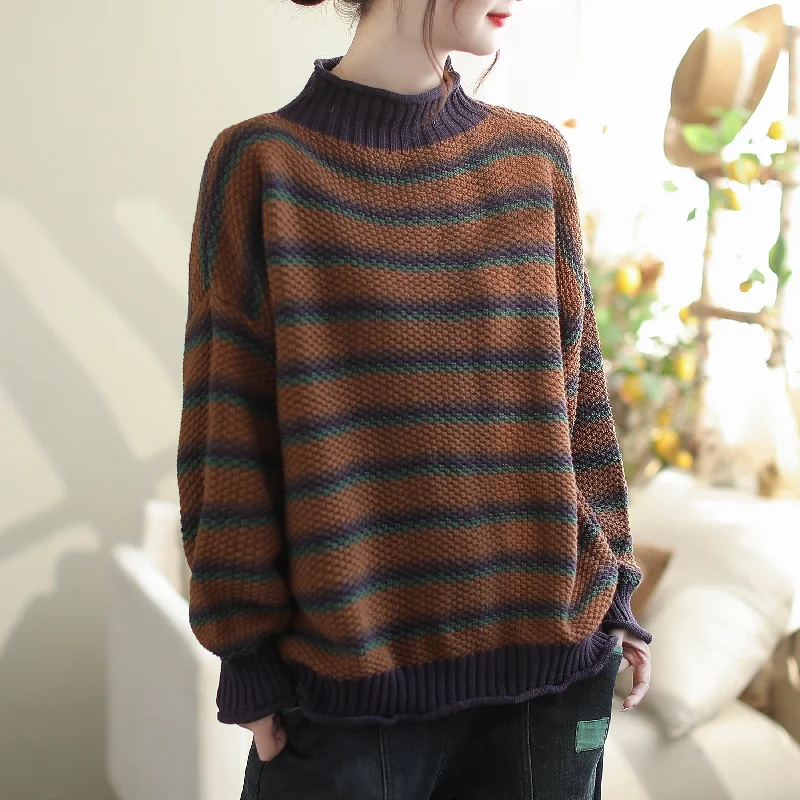 Autumn Casual Loose Fashion Knitted Stripe Cardigan