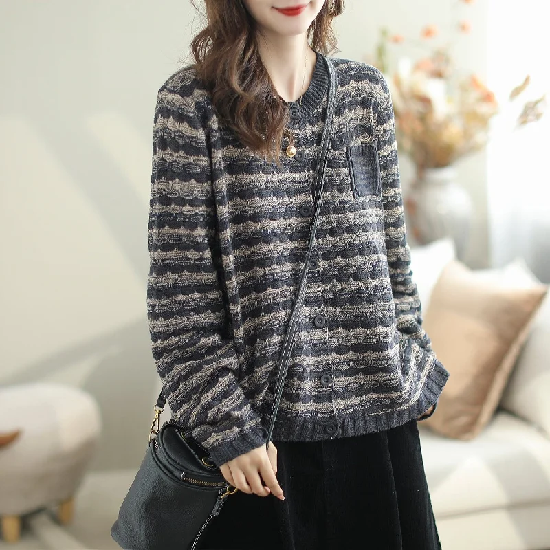 Autumn Casual Stylish Stripe Cotton Knitted Loose Cardigan