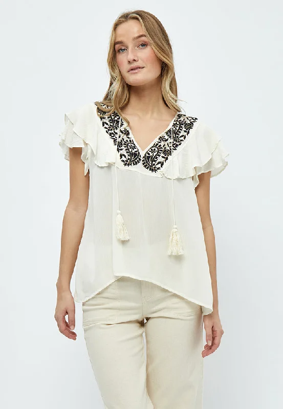 Christa Short Sleeve Embroidery Blouse - White Peony