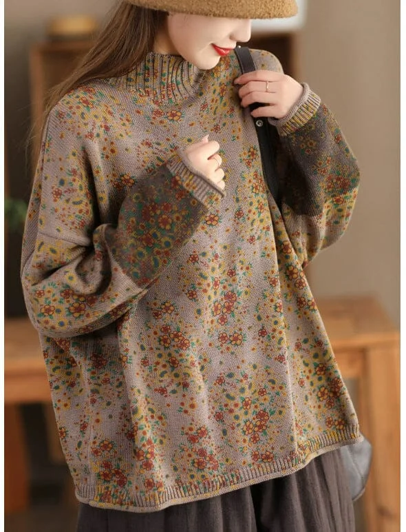 Winter Retro Floral Cotton Knitted Loose Cardigan