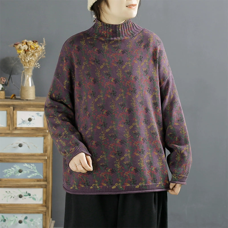 Winter Retro Print Turtleneck Cotton Cardigan