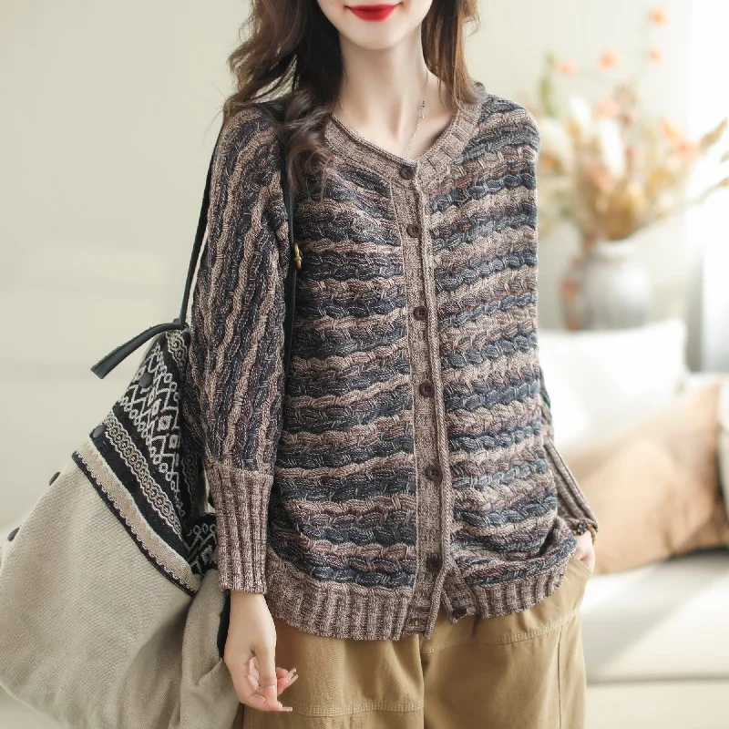 Women Autumn Casual Stripe Cotton Knitted Cardigan