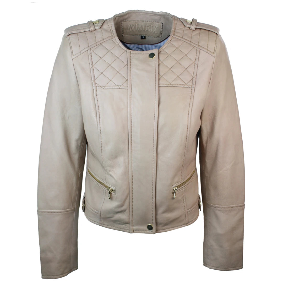 Women's Cream Biker Fitted Lambskin Leather Jacket