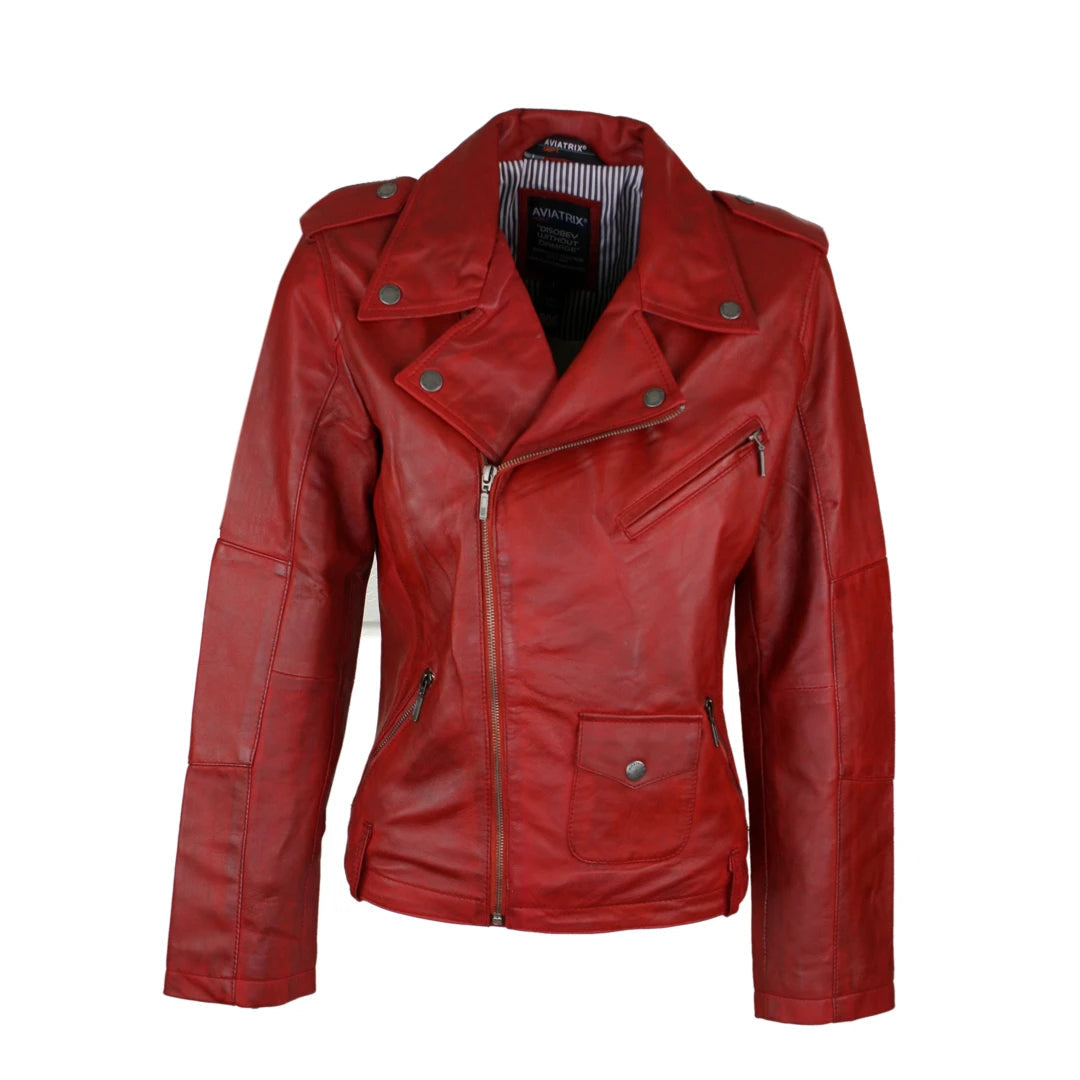 Women's Soft Leather Biker Red Jacket