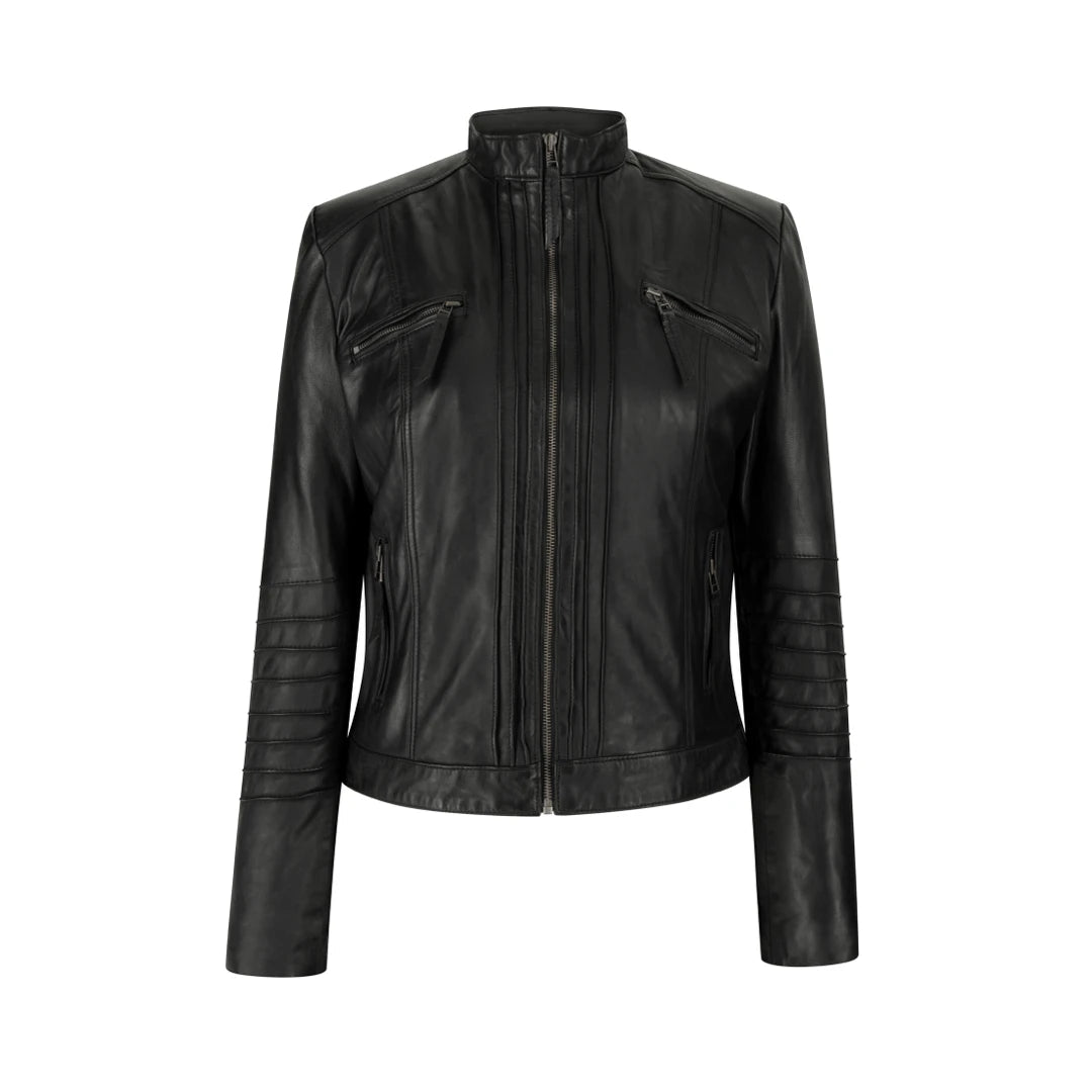 Women's Biker Jacket Leather Zipped Fit Nehru Collar