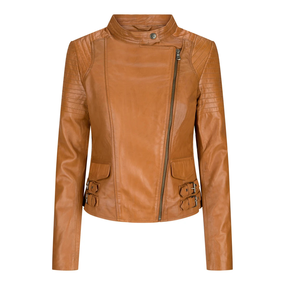 Women's Leather Jacket Short Fitted Bikers Tan Brown Rock