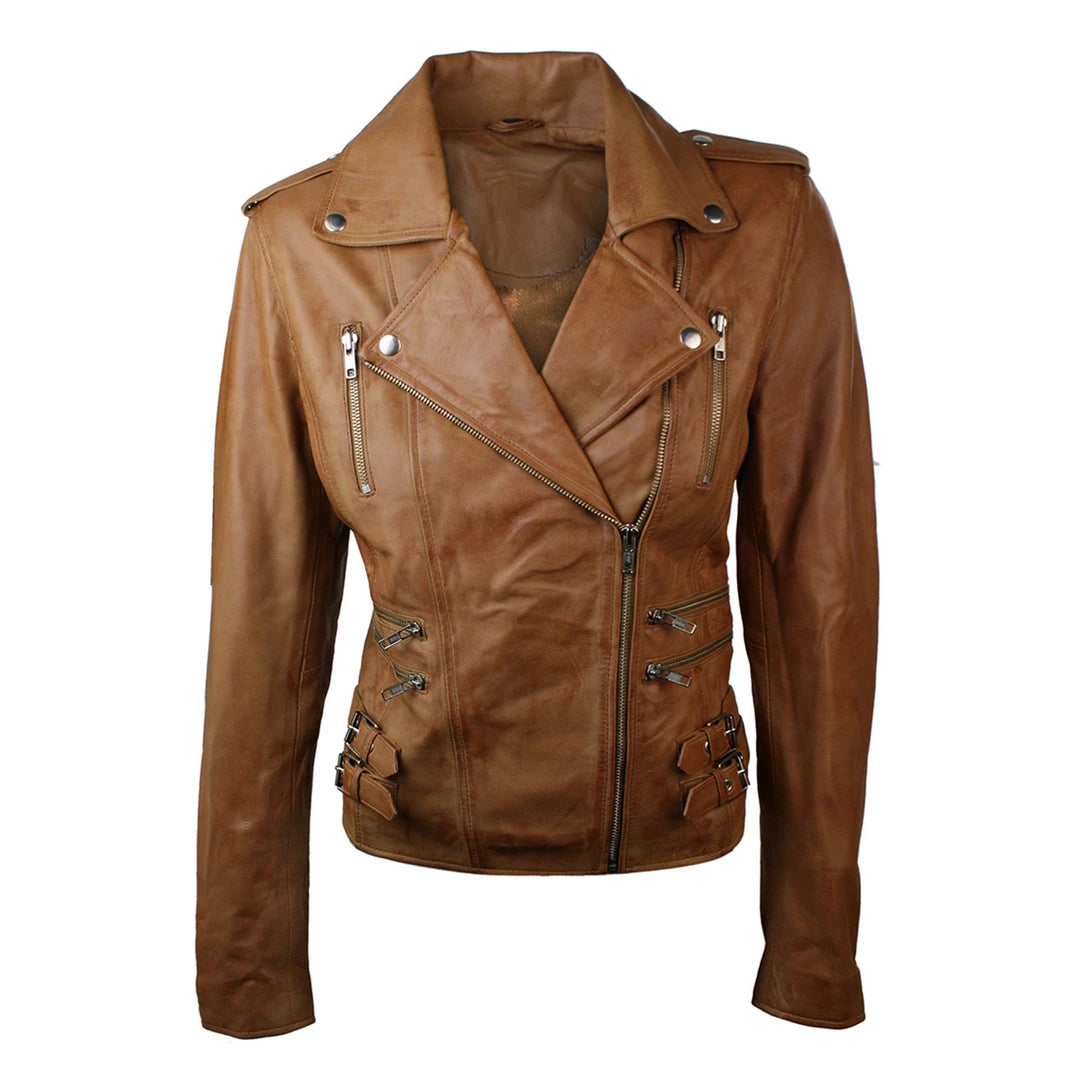 Women's Leather Tan Short Biker Jacket