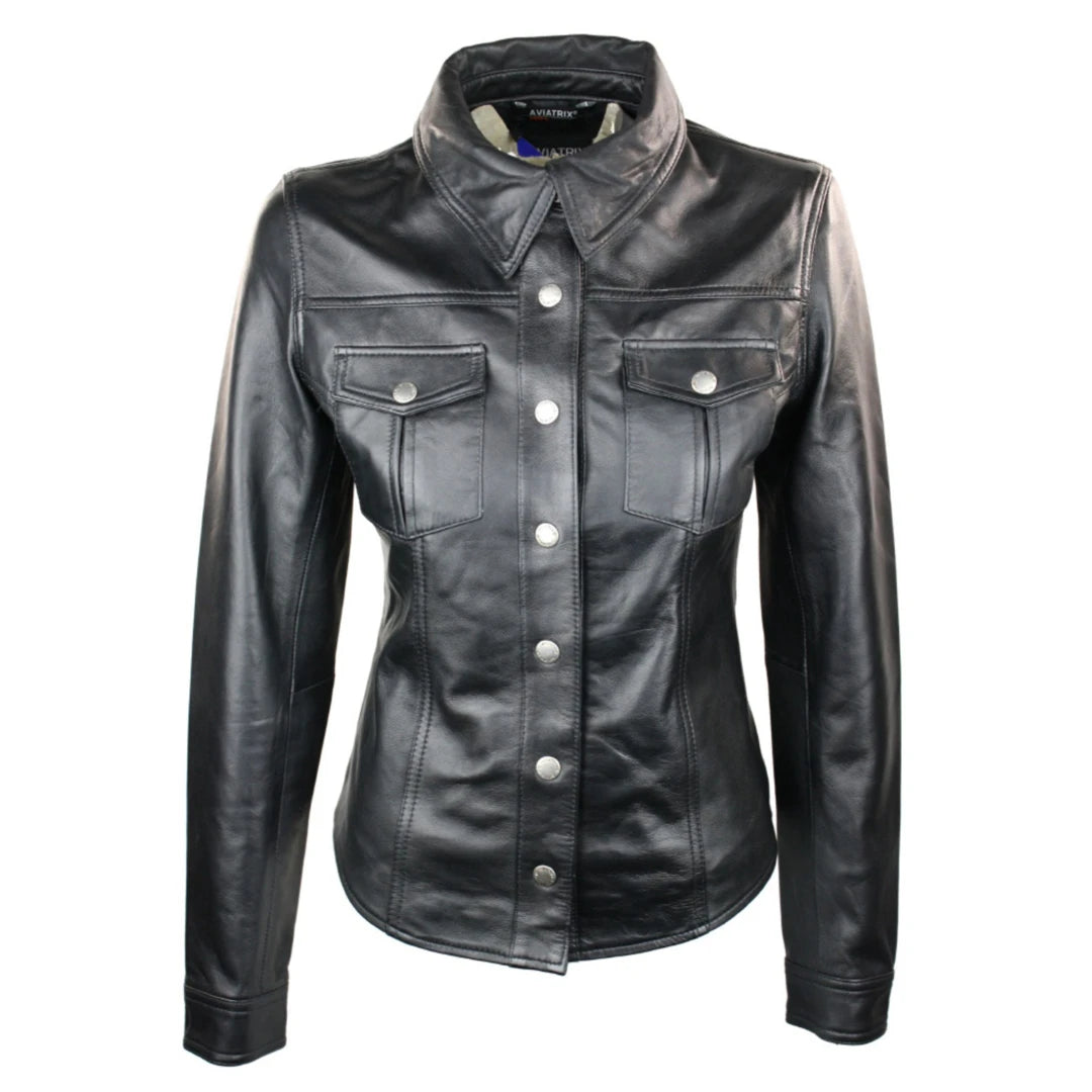 Women's Leather Jacket Shirt Black Short Fitted