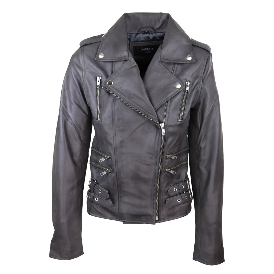 Women's Leather Grey Short Biker Jacket