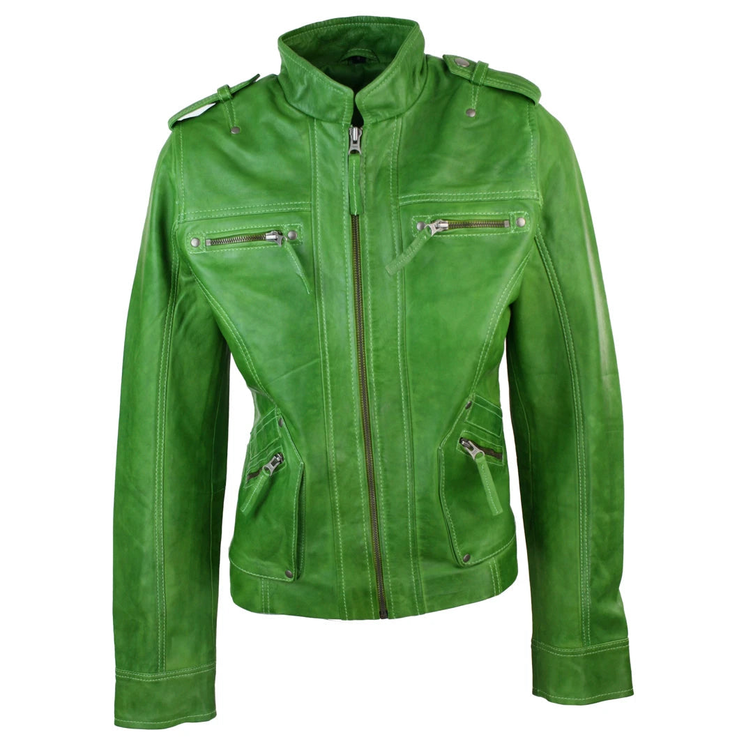 Women's Leather Yellow Green Pink Biker Jacket