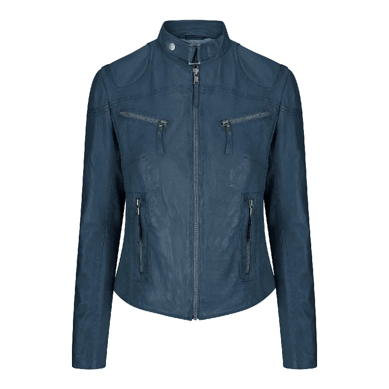 Women's Leather Fitted Biker Short Navy Jacket