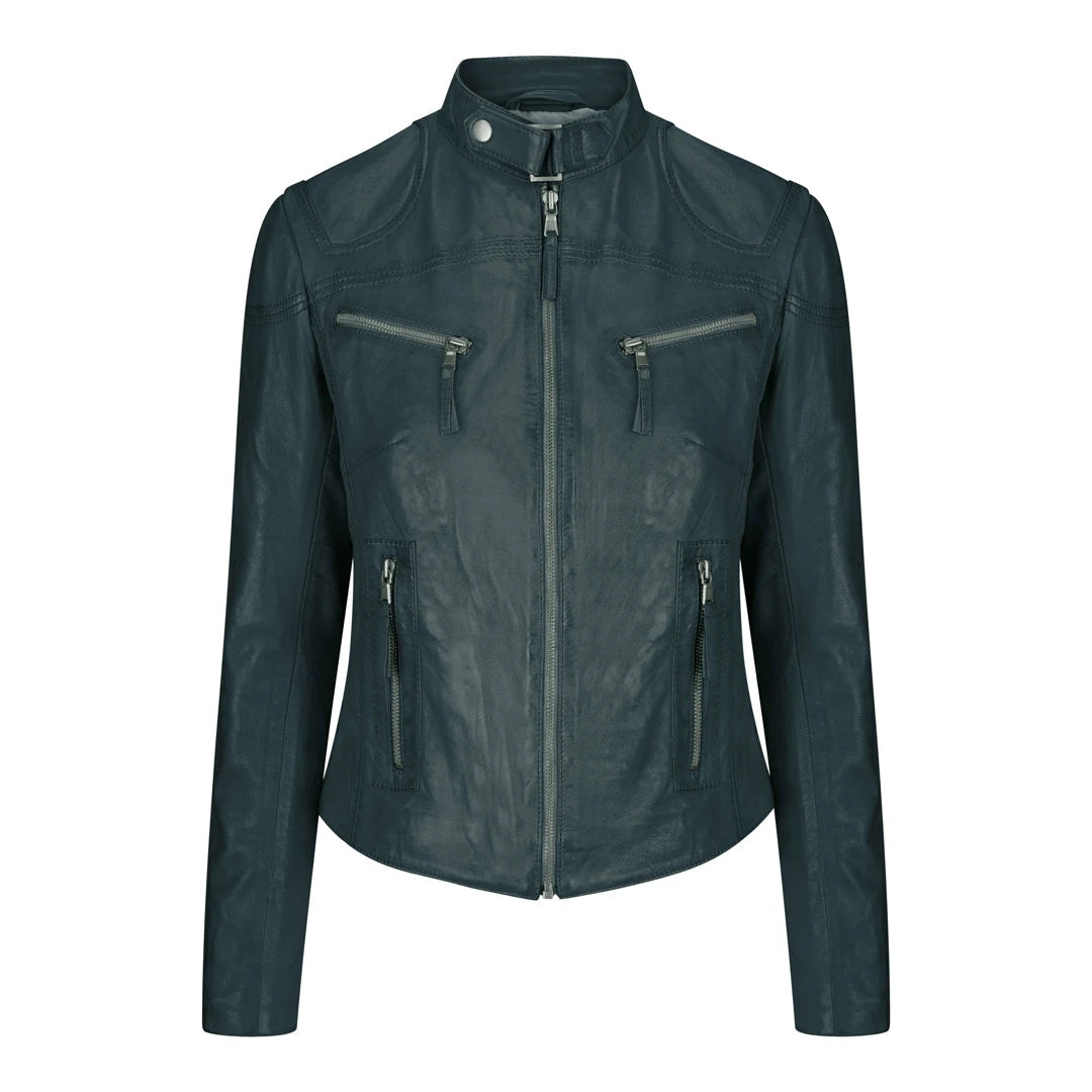 Women's Leather Fitted Biker Short Olive Green Jacket