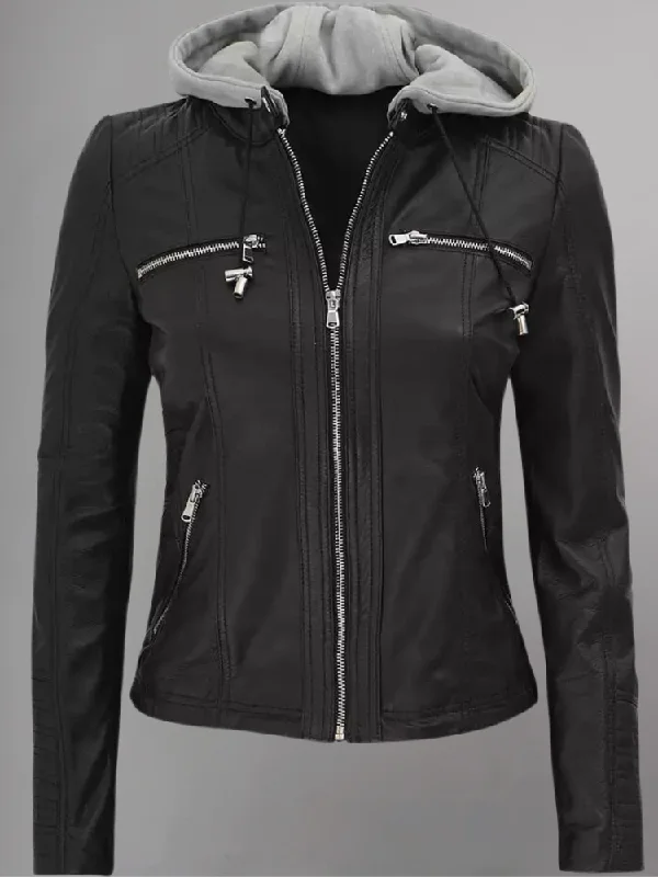 Womens Black Leather Jacket With Hood