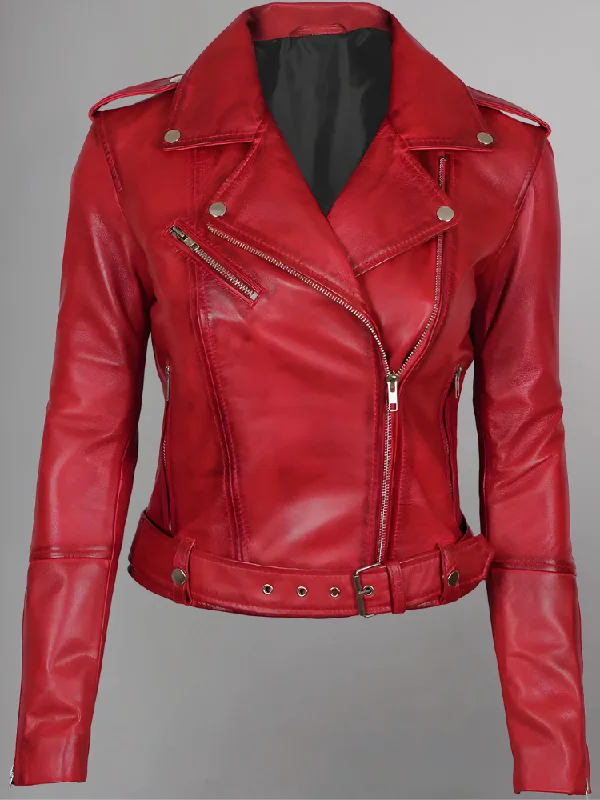 Margaret Womens Asymmetrical Leather Red Biker Jacket