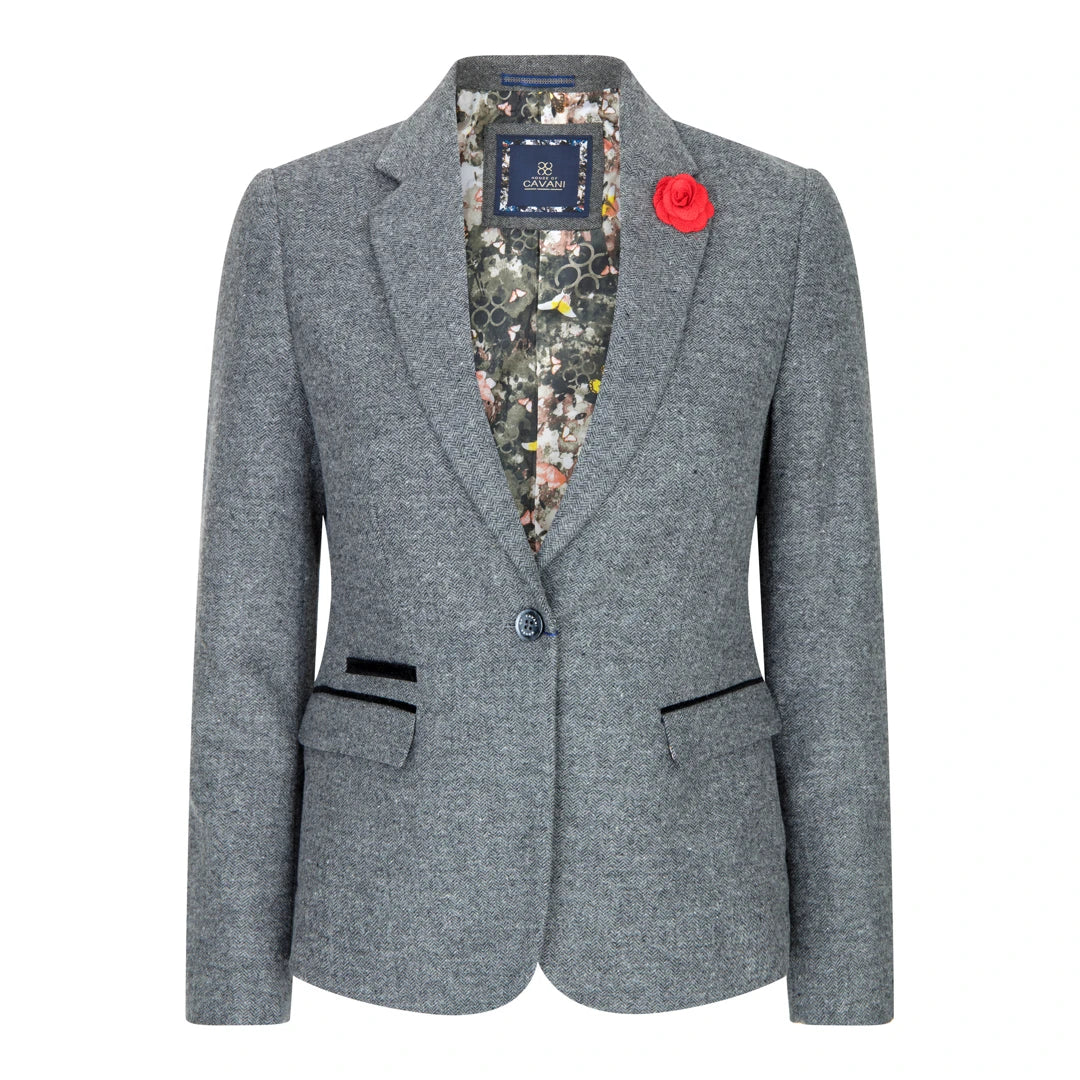 Martez - Women Grey Herringbone Blazer Tweed Check 1920's Gatsby Blinders