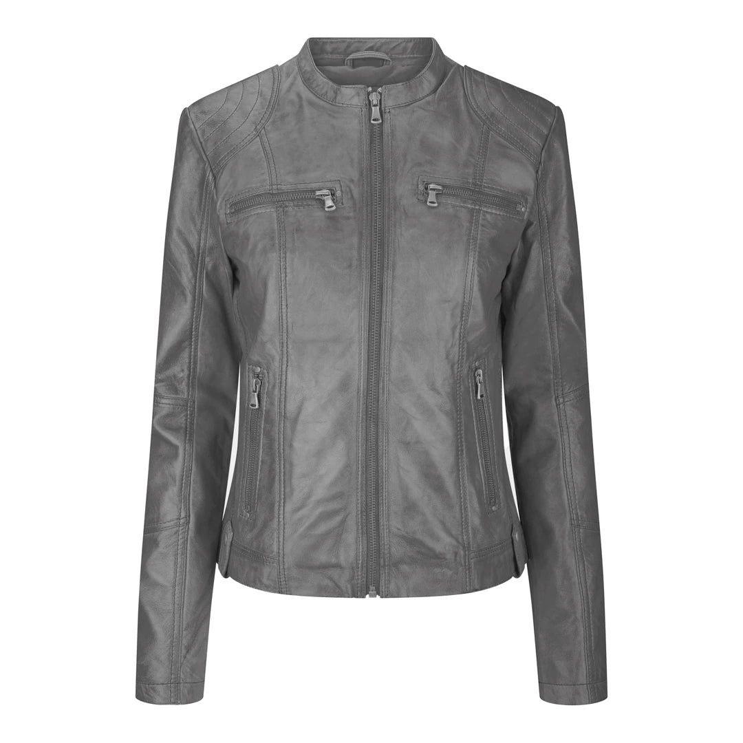 Women's Leather Jacket Short Fitted With Chinese Collar