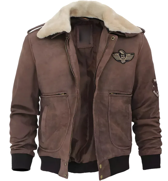 Men Brown Suede Leather Shearling Collar Bomber Jacket