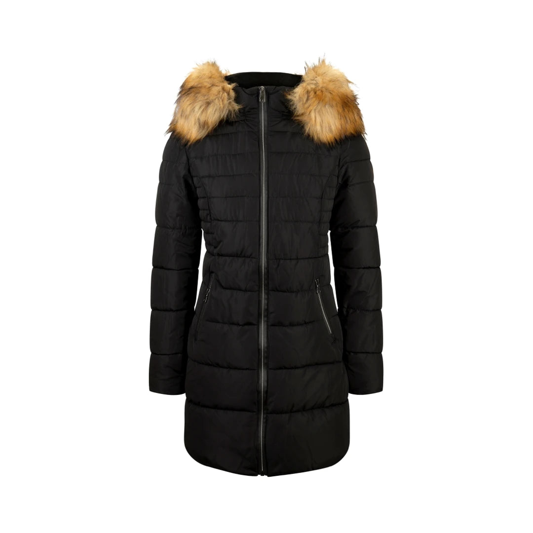 Women's 3/4 Parka Jacket Fur Hood Zipped Padded Puffer Black Beige Winter