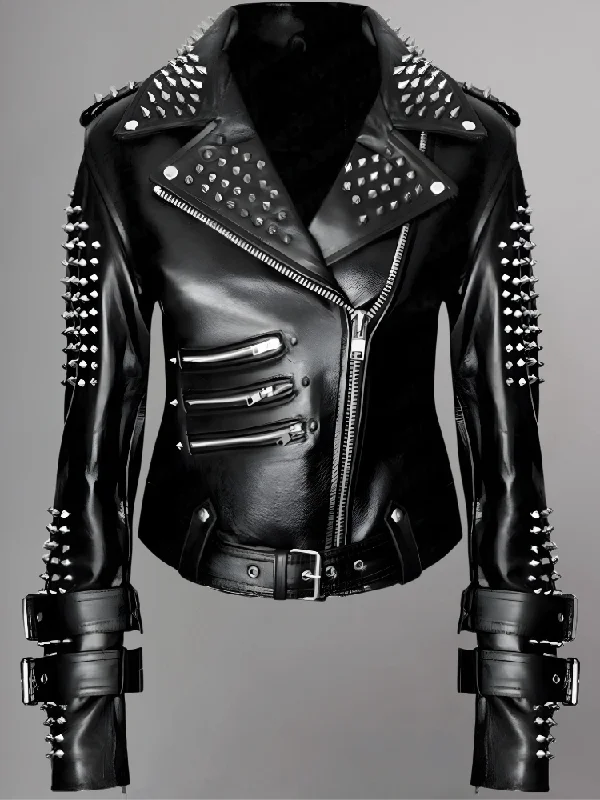 Women Black Punk Silver Spiked Studded Leather Biker Jacket