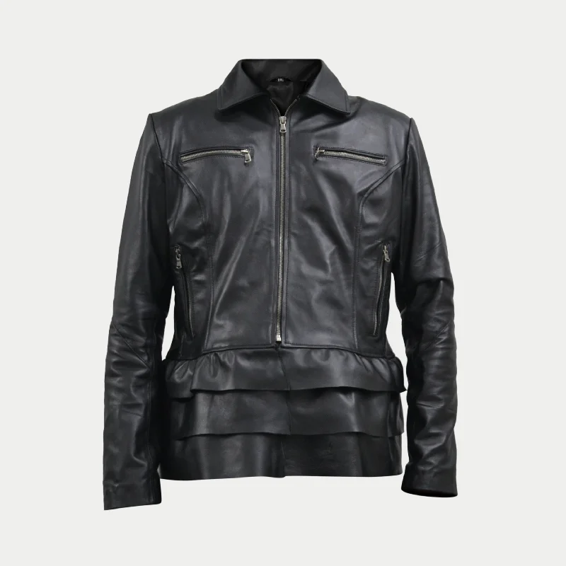 Women's Black Frog Style Genuine Lambskin Cafe Racer Leather Jacket