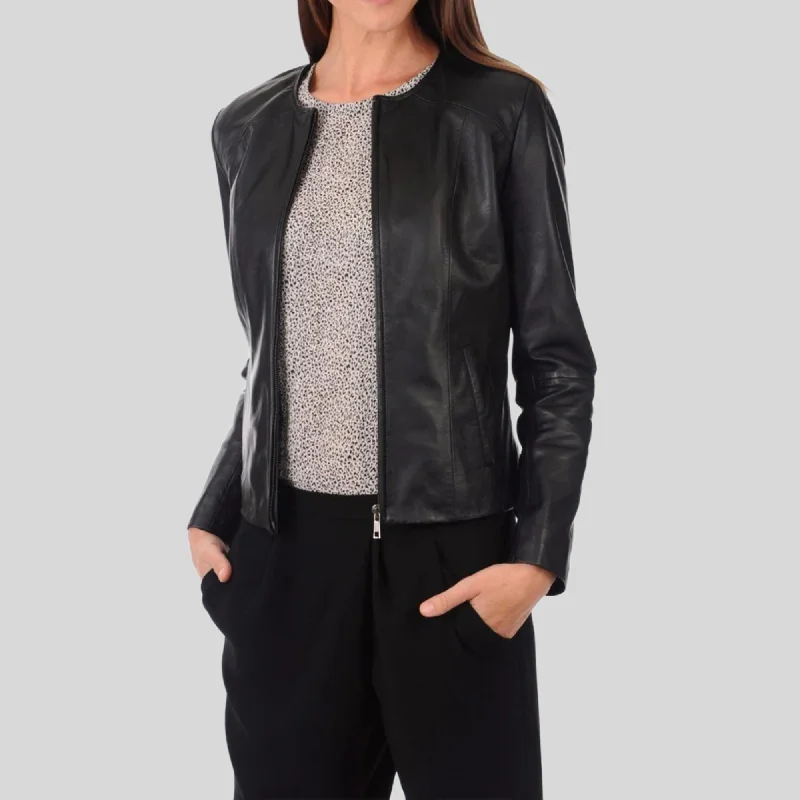 Women's Black Genuine Lambskin Cafe Racer Slim-Fit Leather Jacket