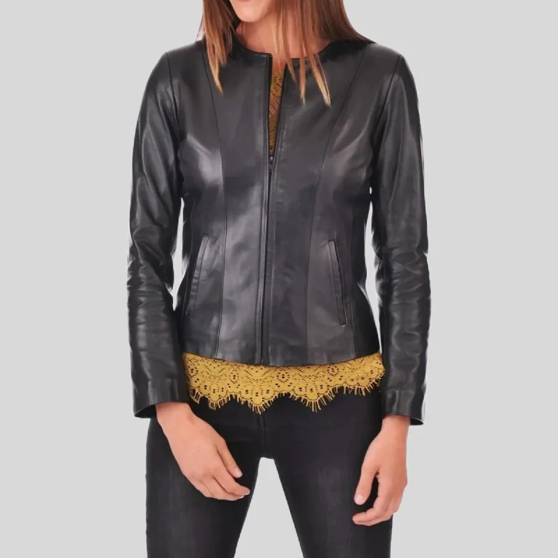 Women's Black Genuine Lambskin Café Racer Slim-Fit Leather Jacket