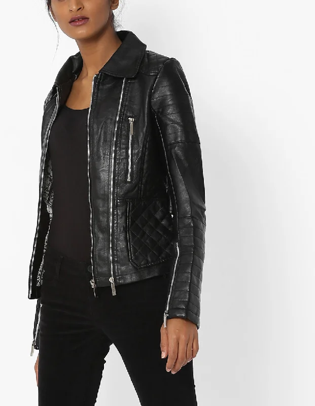 Women's Black Leather Jacket with Zipper Details WJ062