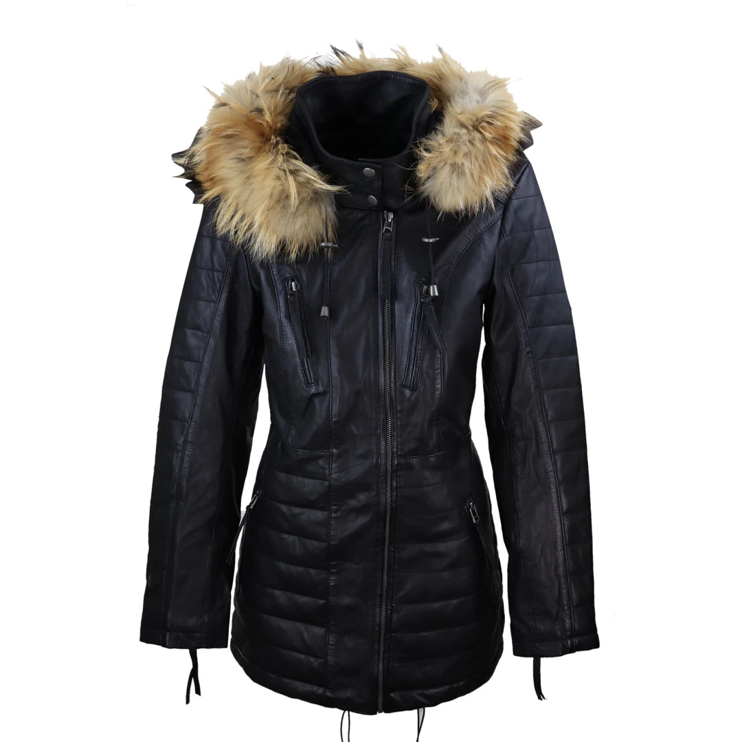 Women's Leather Black Trench Mid Length Hood Raccoon Fur Winter Jacket