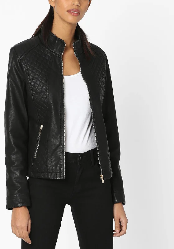 Women's Black Quilted Leather Motorcycle Jacket WJ059