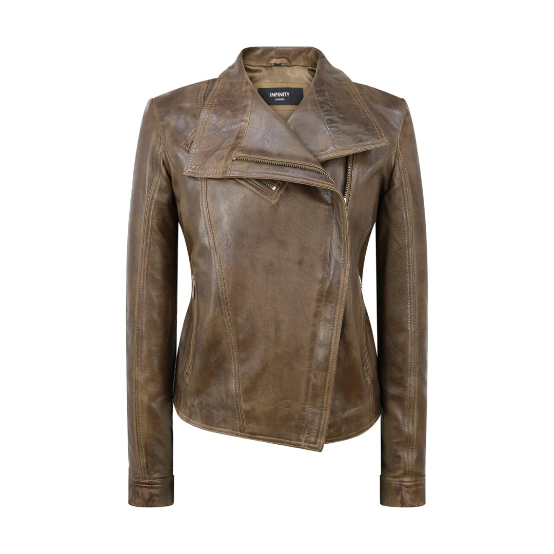 Women's Cross Zip Brown Biker Jacket Washed Soft