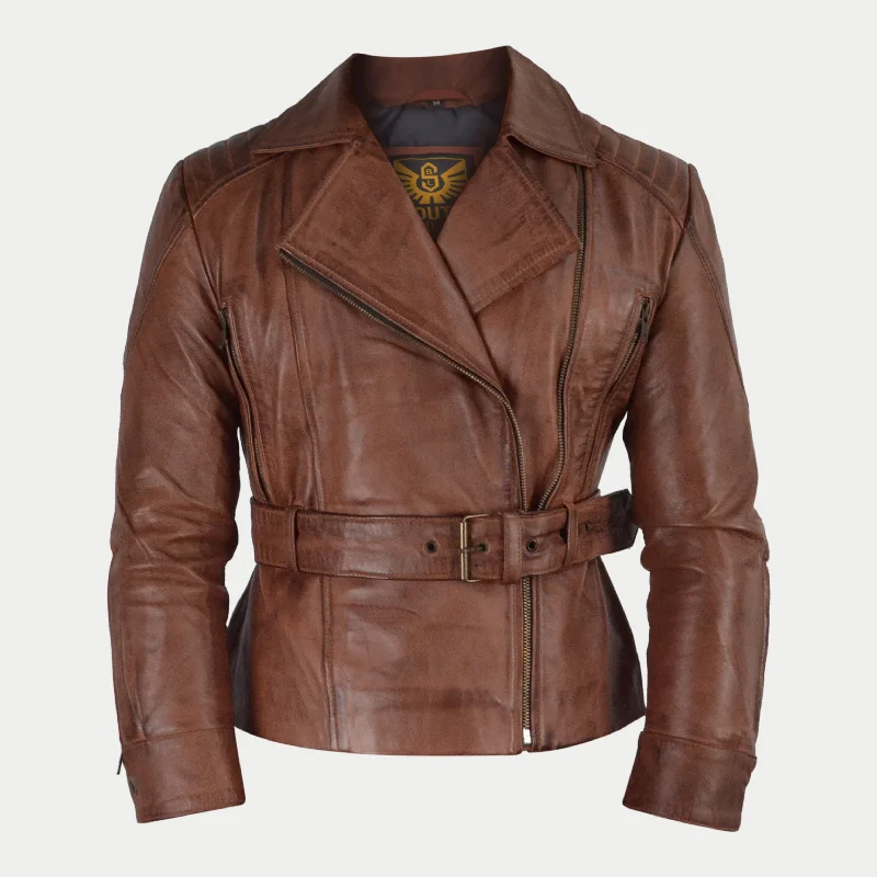 Women's Brown Waxed Motorcycle Genuine Leather Belted Biker Jacket