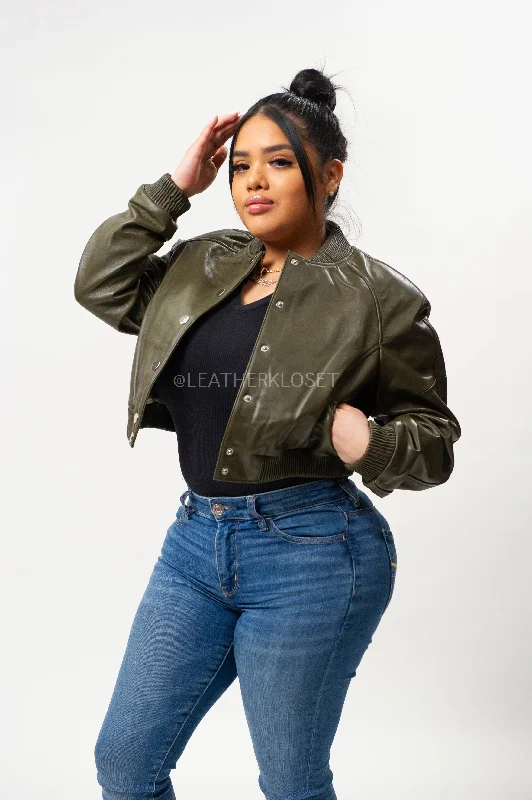 Women's Crop Leather Varsity Jacket [Olive]