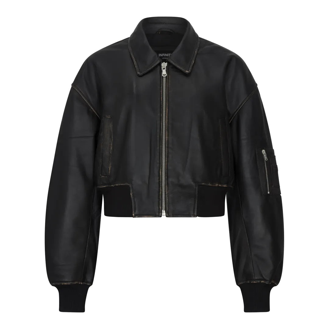 Women's Cropped Bomber Leather Jacket