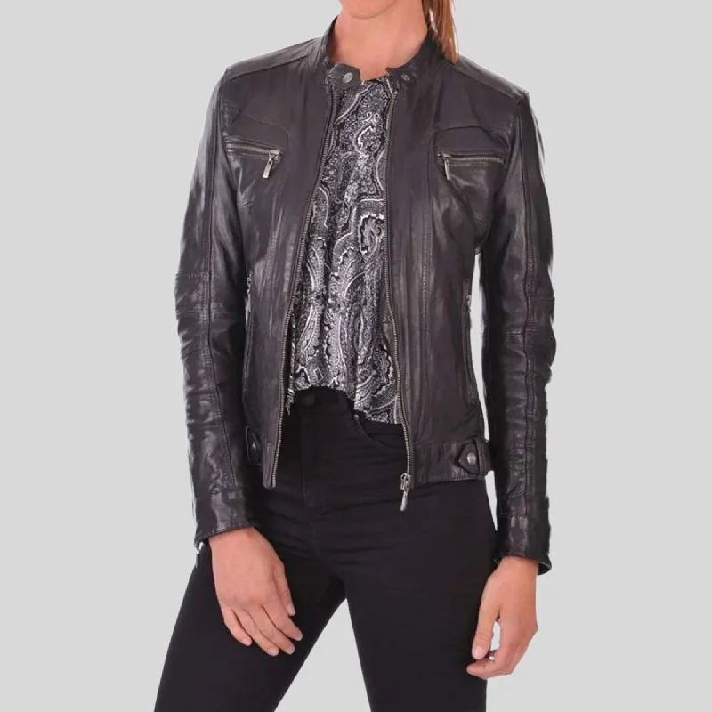 Women's Black Geniune Lambskin Cafe Racer Leather Jacket