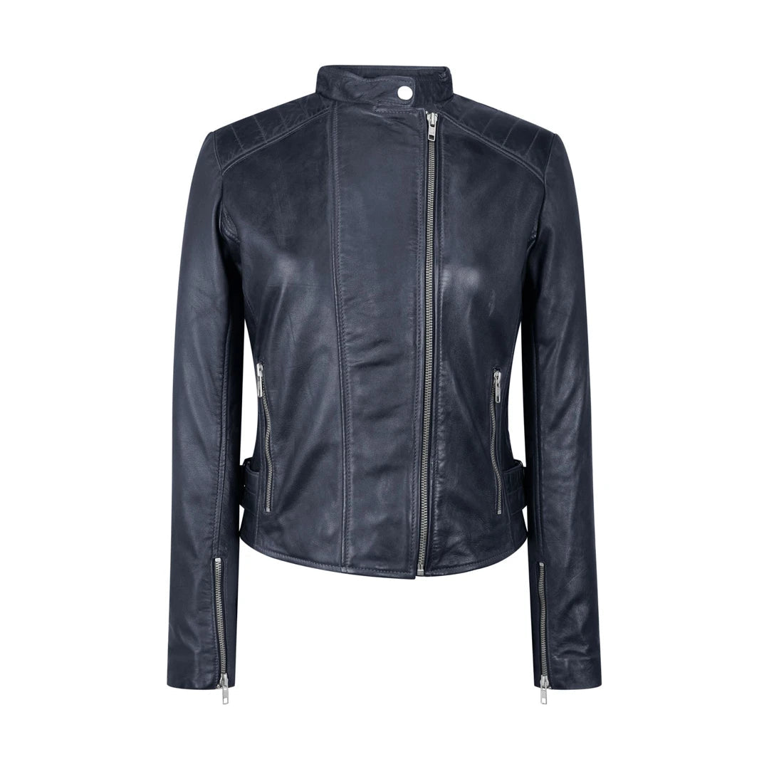 Women's Leather Jacket Cross Zip Brando Nehru Collarless Soft