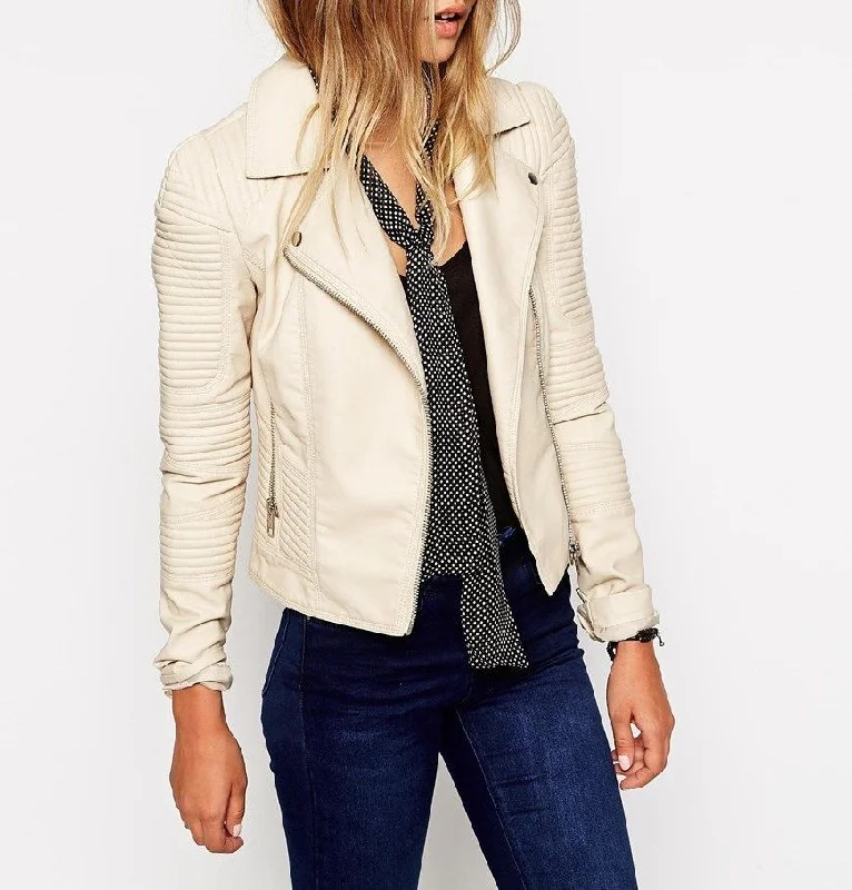 Women's Off White Quilted Leather Jacket WJ039