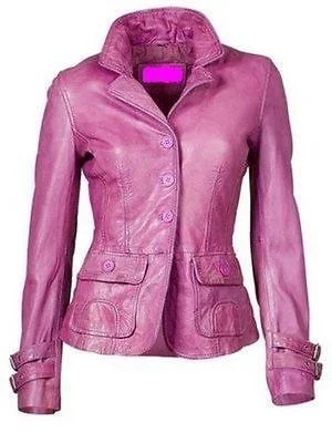 Women's Pink Leather FOUR Button Closure Jacket WJ041