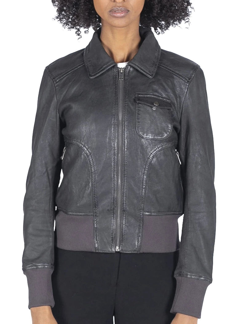 Women's Leather Bomber Jacket Short Zipped Brown Tan Black Blue Grey